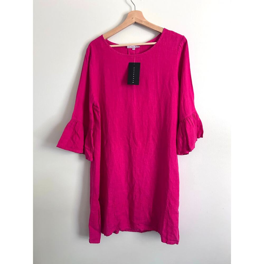 Bryn Walker Pink Linen Midi Dress Flare Bell Sleeve NWT Resortwear Hot Pink M